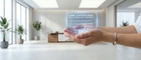 Professional hands holding futuristic holographic interface displaying legal statutes data in modern bright office workspace with plants and natural lighting.