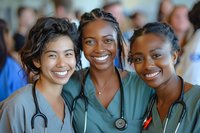 Diverse female healthcare professionals in scrubs with stethoscopes smiling together, representing teamwork and inclusion in medical settings.