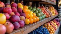 Fresh colorful fruits arranged on wooden market shelves, including oranges, apples, citrus, and berries creating vibrant produce display for healthy eating concept.
