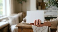 Woman holding blank white card in bright living room with natural light, suitable for greeting cards, invitations, announcements, and promotional messaging.