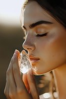 Young Asian woman with freckles holding glowing crystal in sunlight, eyes closed in peaceful meditation. Natural golden hour lighting creates ethereal atmosphere.