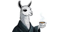Stylized llama in business attire holding steaming coffee cup, hand drawn black and white illustration with minimal color accent on isolated background.