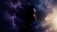 Young woman in profile silhouette against dramatic purple and golden storm clouds, contemplative mood for spiritual and emotional wellness concepts.