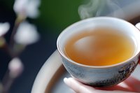 Traditional ceramic cup filled with amber-colored tea against dark background, shallow depth of field creates soft bokeh effect, highlighting steaming beverage.