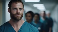 Professional male doctor with beard in teal scrubs standing confidently in modern hospital corridor with medical team in background for healthcare concepts.