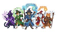 Cartoon wizard cats and magical creatures in colorful costumes with staffs and spells, isolated on white background for design, clipart, and merchandise applications.