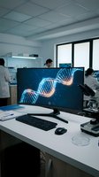 Modern laboratory with computer displaying DNA double helix structure for genetic research and biotechnology analysis in scientific workspace.