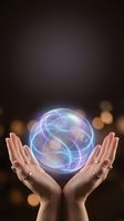 Hands holding glowing energy sphere with swirling light patterns against dark background with bokeh lights for spiritual and mystical concepts.