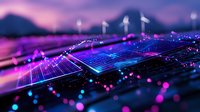Futuristic circuit board with glowing purple and blue lights against mountain silhouette background, digital technology concept with bokeh effect and light trails.