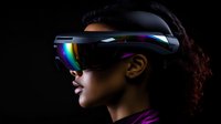 Young African American woman wearing modern virtual reality headset with holographic display against dark background, illuminated by colorful reflections.