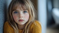 Young blonde girl with blue eyes wearing yellow knitted sweater looking at camera in cozy indoor setting for family lifestyle and childhood concepts.