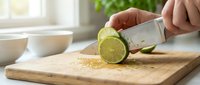 Hands slicing fresh lime on wooden cutting board in bright kitchen, preparing citrus fruit for cooking, beverage, or culinary use.