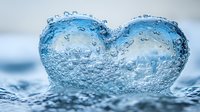 Heart shaped water splash with bubbles and droplets creating romantic aqua formation against blurred blue background, macro photography.