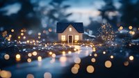 Cozy miniature house with glowing windows surrounded by magical bokeh lights and snow creating dreamy winter atmosphere at dusk.
