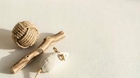 Rustic natural decor elements on a light beige background: rope knot ball, driftwood stick, and a small stone fish charm with twine.