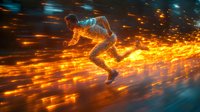 Glowing figure runs through dynamic light trails creating dramatic motion effect with orange and blue energy streams against dark background. For sports and technology designs.