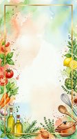Watercolor cooking frame with fresh vegetables, herbs, olive oil bottles, and kitchen utensils arranged on sides with splashes and gold border, ideal for recipe cards and culinary designs.