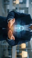 Businessman in dark suit protecting glowing digital lock icon with circuit board patterns representing cybersecurity and data protection in modern office.