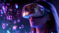 Young woman wearing virtual reality headset with glowing digital elements and futuristic interface in cyberpunk neon environment for gaming and technology concepts.