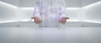Businessman hands presenting holographic network connections in modern white office space for technology and digital communication concepts.