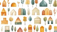 Watercolor houses and trees in muted earth tones create seamless pattern. Simple architectural shapes with natural elements in soft autumn colors on white background.
