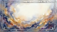 Watercolor abstract background with silver decorative frame, featuring soft clouds and golden earth tones, perfect for cards, invitations, and creative projects.
