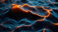 Glowing orange line flows across dark digital terrain with wireframe mountains and valleys in blue tones creating futuristic landscape visualization.