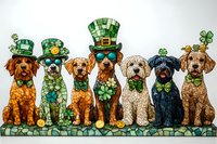 Festive dogs wearing St Patrick's Day green hats and shamrock accessories sit in a row against light background, creating cheerful holiday mood.