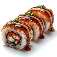 Fresh sushi roll with crispy tempura, tobiko roe, and drizzled sauce garnished with green onions on white background, appetizing close-up view.