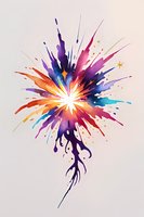 Vibrant watercolor splash explosion in rainbow colors with white center burst, perfect for creative backgrounds, posters and modern art projects. Isolated design on light background.