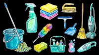 Cleaning supplies collection with mop, bucket, spray bottle, brushes, dustpan, broom, sponges, and vacuum isolated on transparent background. Ready for clipart, t-shirt design, stickers, print-on-demand, and sublimation projects.