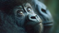 Close up portrait of young gorilla face showing expressive eyes and gentle expression against blurred natural background, wildlife photography style.