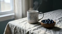 Steaming white ceramic mug with Hello inscription beside wooden bowl of fresh blueberries on linen tablecloth near window.