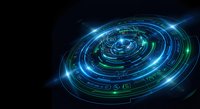 Futuristic holographic interface with glowing blue and green circular elements on dark background for sci-fi technology designs.