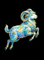 Ornate blue and gold ram leaping with decorative swirls, isolated on transparent background ready for t-shirts, stickers, clipart and print-on-demand designs.
