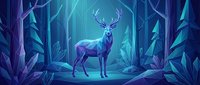 Majestic deer standing in mystical forest with glowing blue and purple lighting, fantasy woodland scene with ethereal atmosphere and magical ambiance.