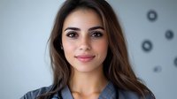 Young Mediterranean woman with long brown hair and natural makeup smiling confidently at camera, wearing blue business attire against light gray office background.