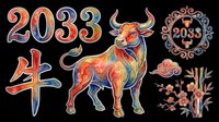 2033 year of the ox zodiac symbols isolated on transparent background, ready for t-shirt design, stickers, clipart and print-on-demand products.