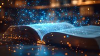 Magical glowing open book emitting luminous blue particles and sparkles against dark background, creating mystical atmosphere for fantasy and education concepts.