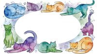 Watercolor cats frame border with sleeping and stretching felines in rainbow colors on white background for pet designs and greeting cards.