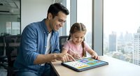 Father and daughter using digital tablet together at home, family bonding time with technology, parent teaching child educational apps and games.