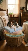 Tabby and white kitten sitting on folded towels in wicker basket in cozy bedroom with wooden furniture, potted plants, and natural window light for home decor and pet lifestyle content.