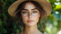 Young Caucasian woman wearing straw hat and glasses with natural makeup and soft smile against green bokeh background, portrait in warm summer lighting.