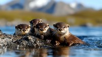 Three young river otters swimming together in clear blue water against mountain landscape background, playful wildlife scene in natural habitat.