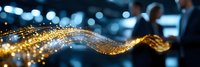 Magical glowing golden wave with sparkles and light particles flowing on dark blue bokeh background, creating ethereal motion effect for festive designs.