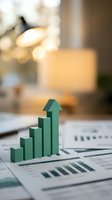 Green arrow bar chart showing upward growth trend on financial reports with warm office lighting in background for business success presentations.