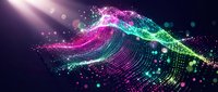 Abstract digital wave with flowing magenta, cyan, and yellow particles on dark background. Futuristic data visualization for technology, innovation, and digital transformation concepts.