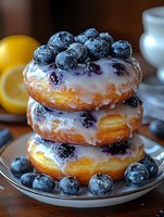 Stack of glazed blueberry donuts topped with fresh berries and powdered sugar on rustic wooden table for bakery menu and dessert photography.