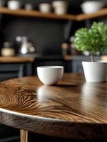 Minimalist cafe interior with white ceramic cup on rustic wooden table showing detailed wood grain pattern. Green plant and shelving create cozy atmosphere.