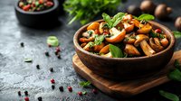 Roasted mushrooms with herbs and spices in wooden bowl on dark background, fresh seasonal vegetables with spinach leaves and peppercorns.